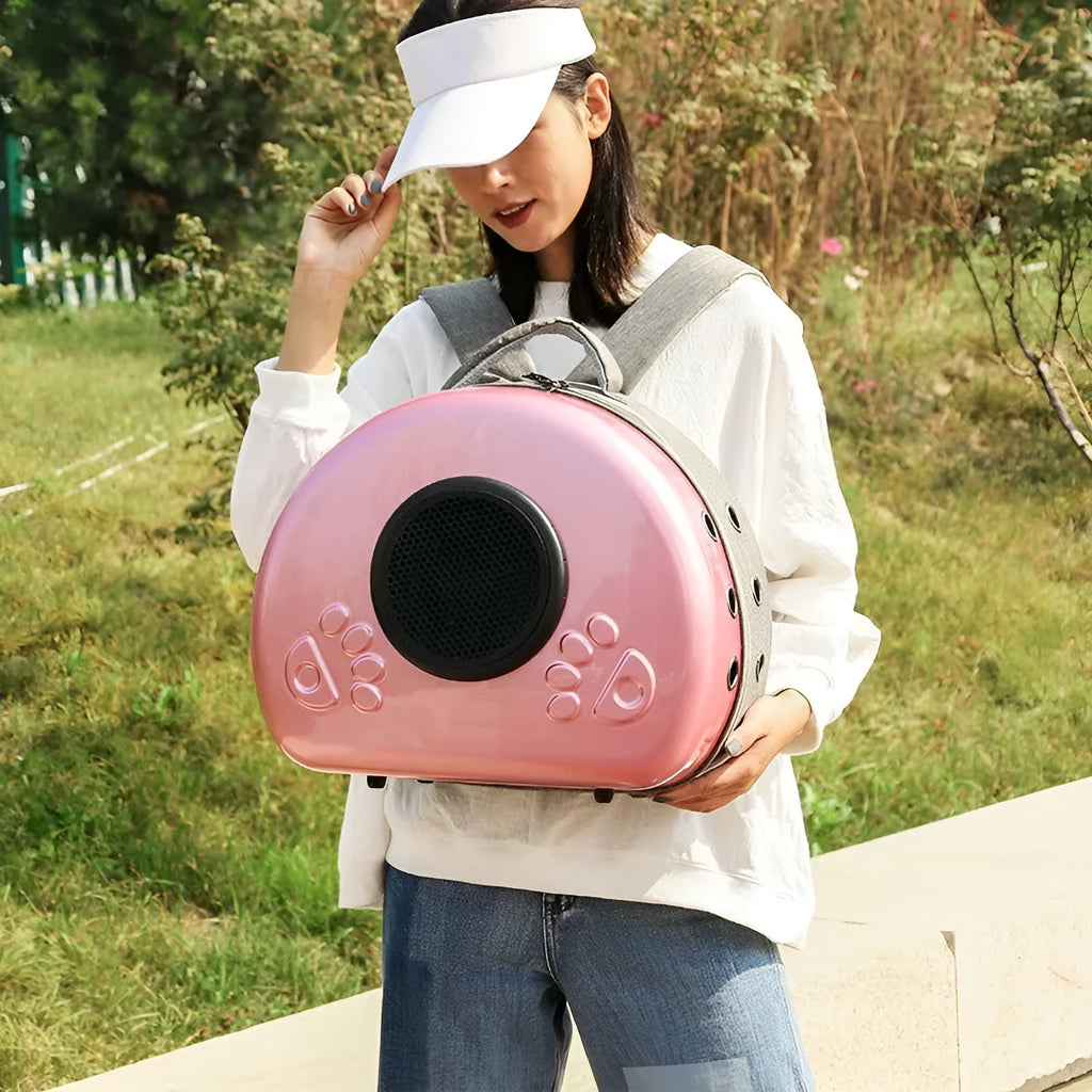 Transparent space capsule cat diaper bag in PC canvas with rose gold finish for cats up to 12 Jin