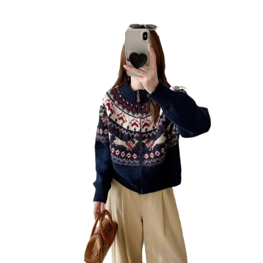 Ethnic style jacquard pullover sweater with 3D pattern in apricot colour