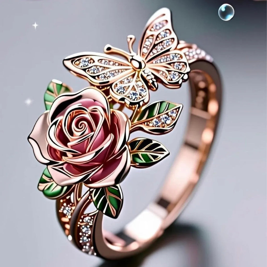 Adjustable colourful butterfly ring with oil drip finish and rose leaf details on alloy band