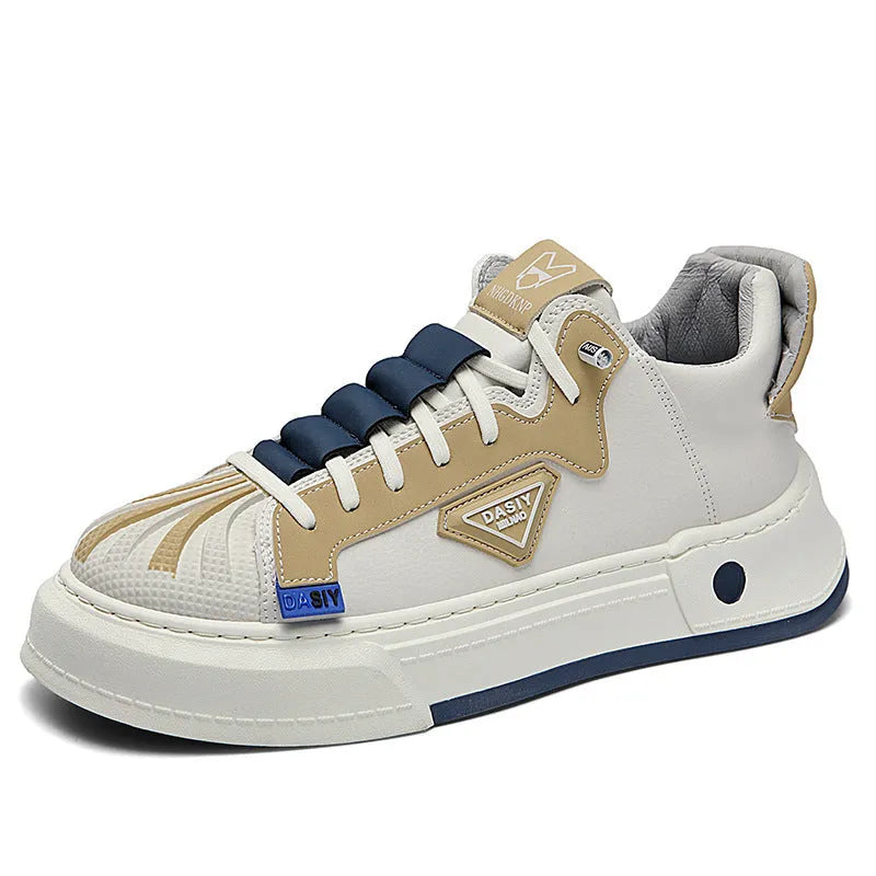 Men's beige low-top casual sneakers with an elastic band and leather stitching detail.