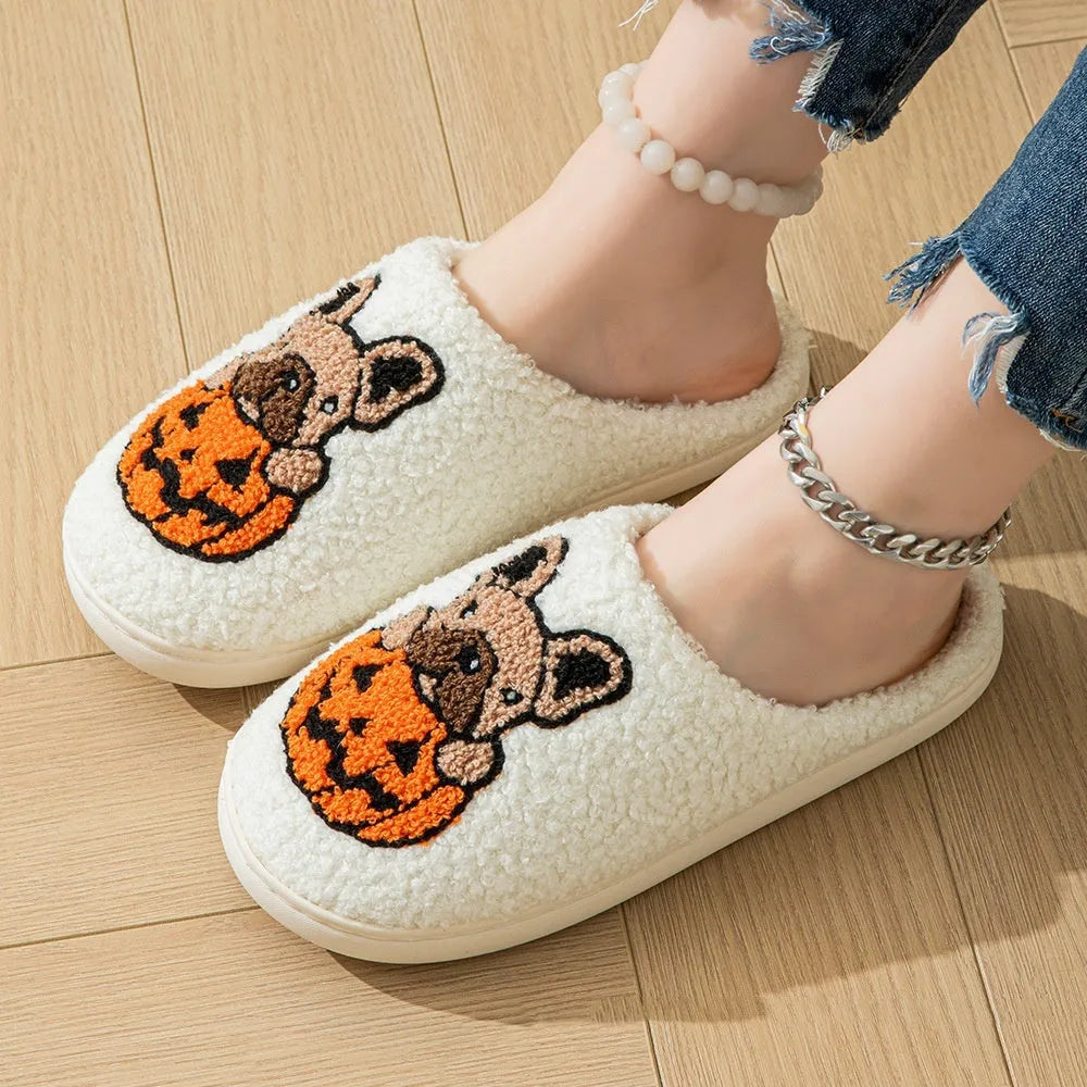 Halloween pumpkin design slippers in plush cotton with non-slip rubber soles
