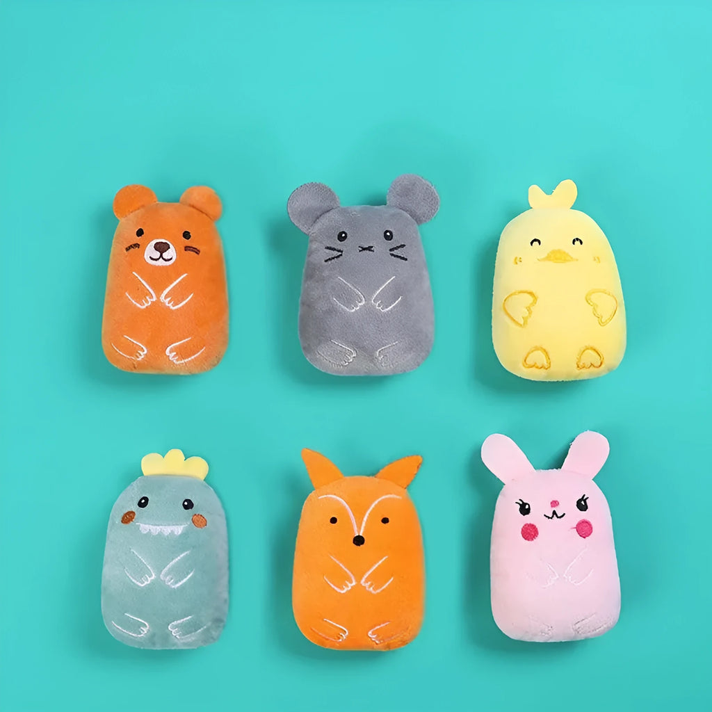 Plush catnip chewing toy with squeaker in assorted colours