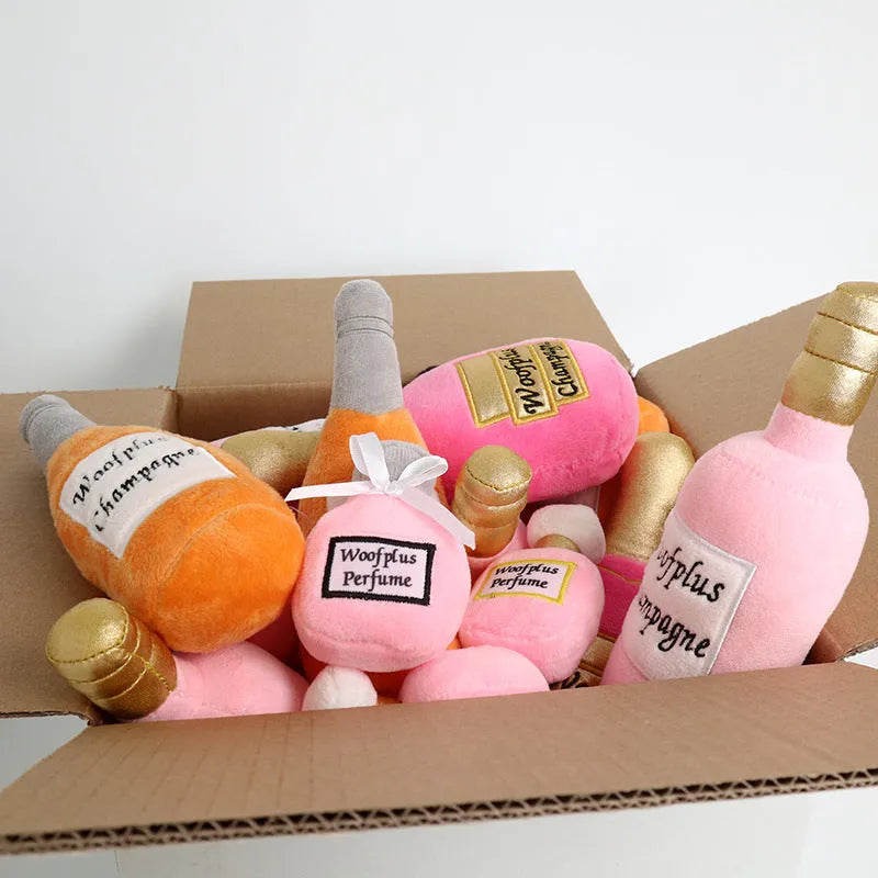 Soft plush wine bottle pet toy for cats and dogs in multiple colours.