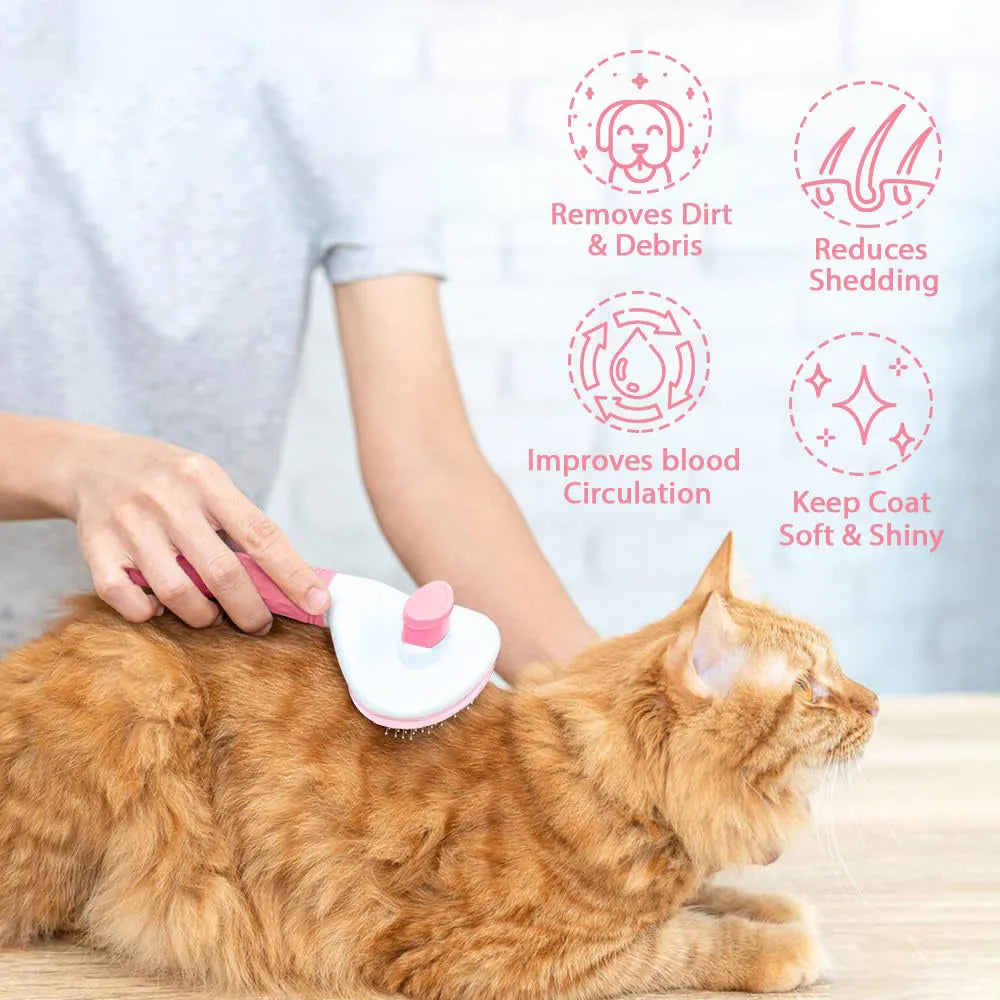 Blue cat grooming brush with release button and fine wire bristles for removing loose pet hair