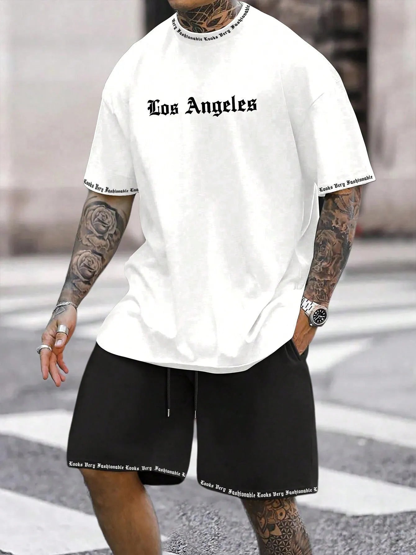 Sports style short-sleeved top and matching shorts set in solid colour on hanger