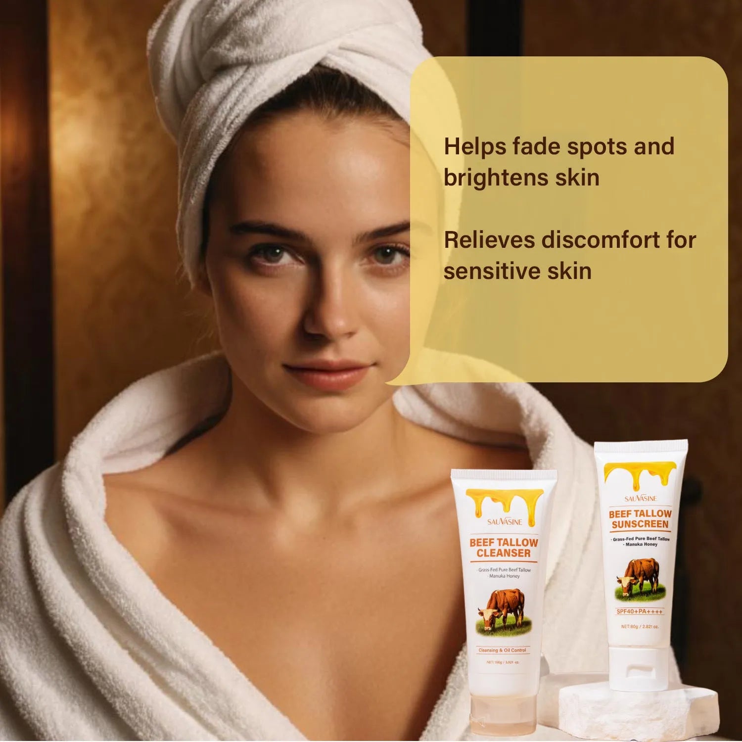 Butter Honey seven-piece facial care set with cleanser, cream, lotion, scrub, lipstick, protective cream, and beef fat product.