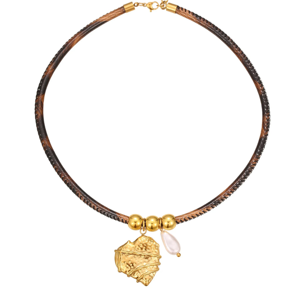 Leopard print geometric pendant necklace on stainless steel chain with gold plating