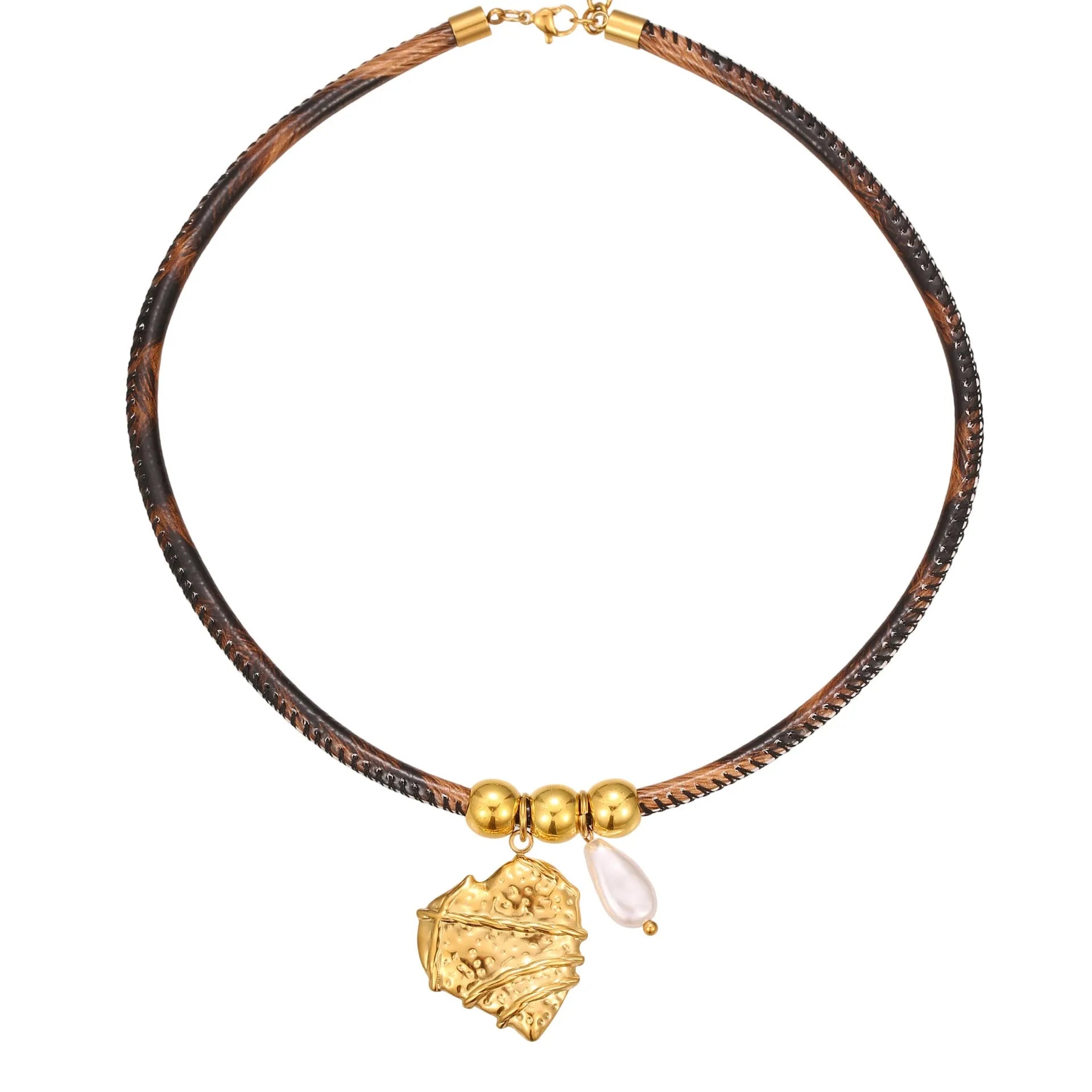 Leopard print geometric pendant necklace on stainless steel chain with gold plating