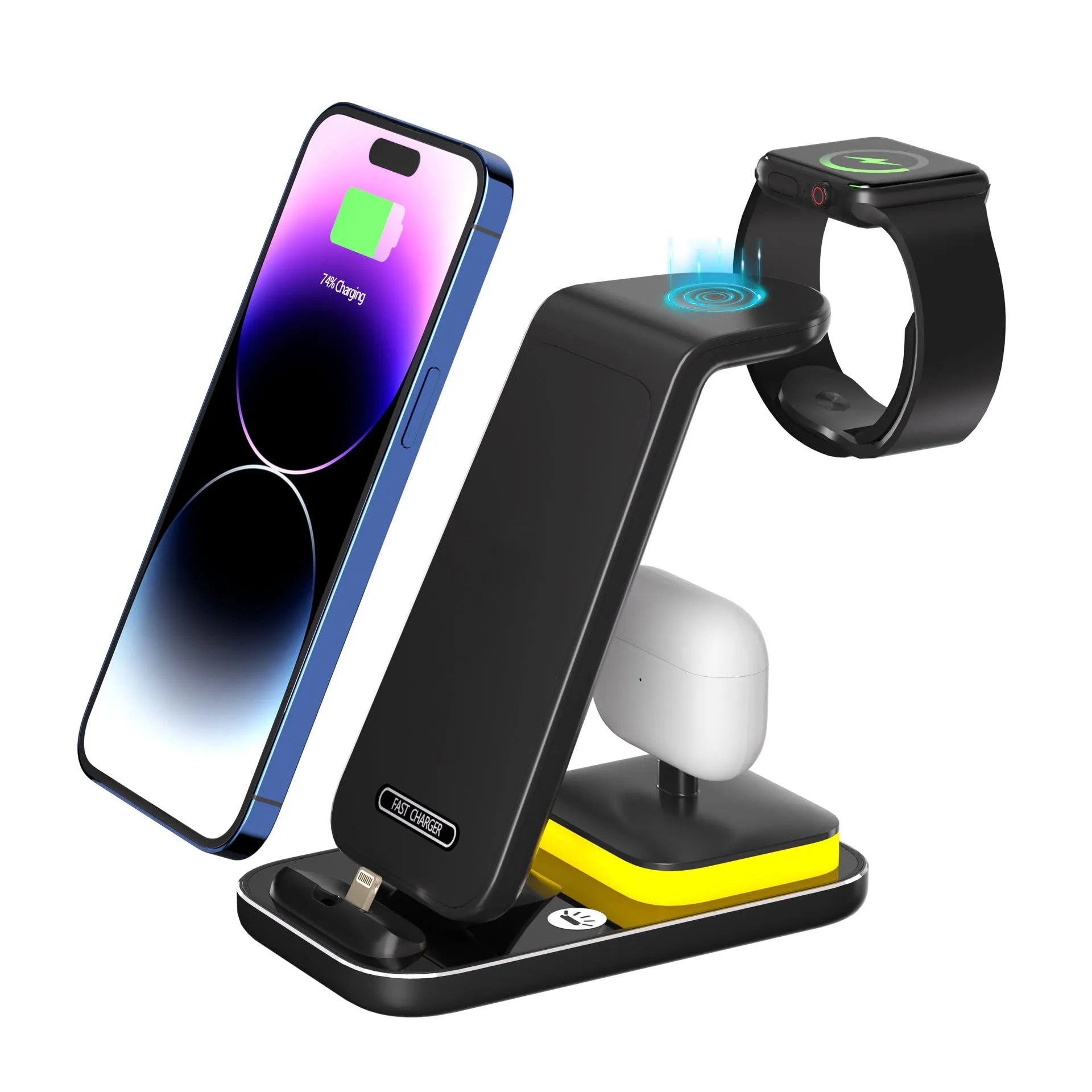 Black vertical wireless charger showing phone in stand with watch and earbuds charging areas