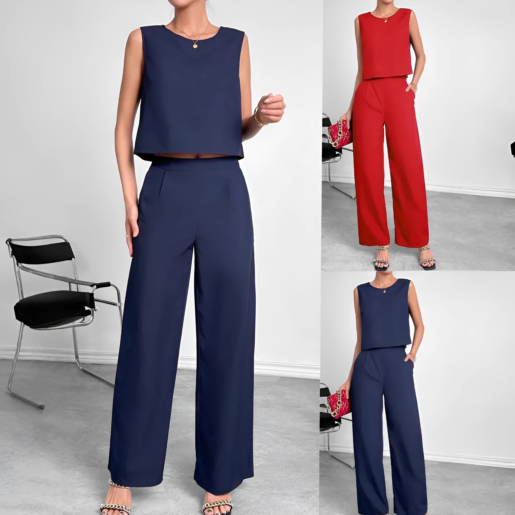 Red women's two-piece set with sleeveless top and wide leg trousers