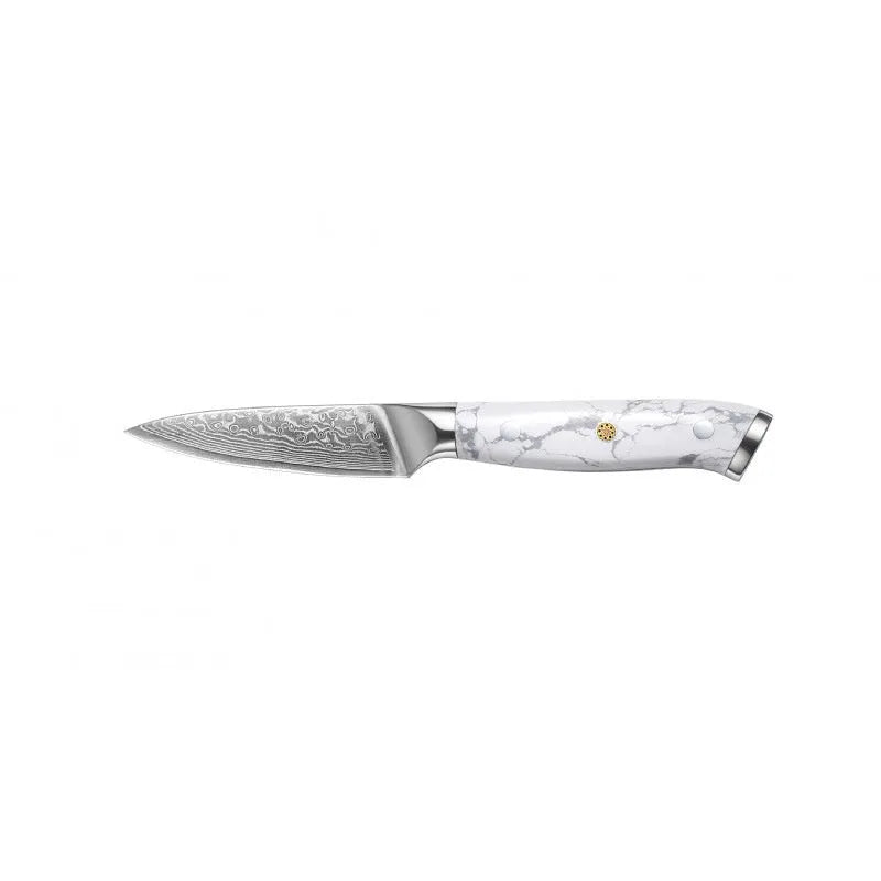 Damascus pattern chef's knife with 21cm VG10 steel blade and 11cm handle on a kitchen counter.
