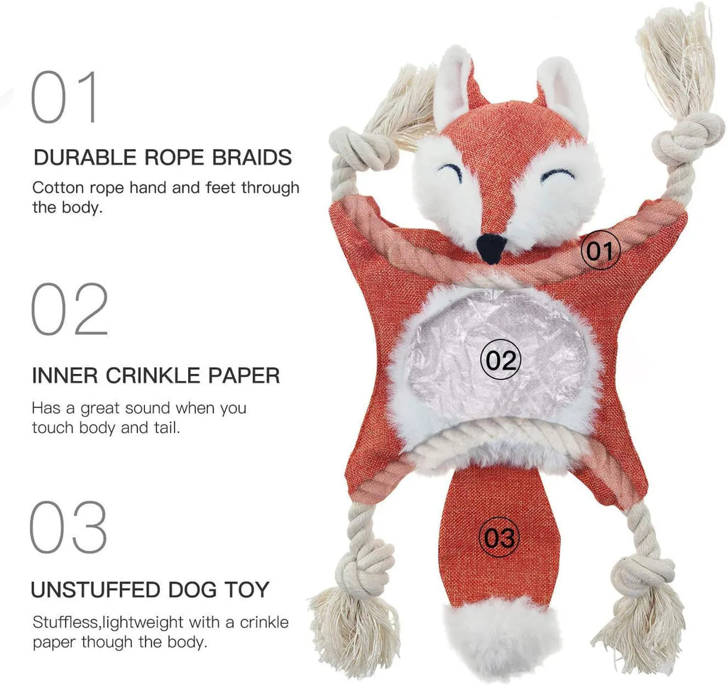 Brown plush fox dog toy with cotton rope limbs, embroidered eyes, and a squeaker.