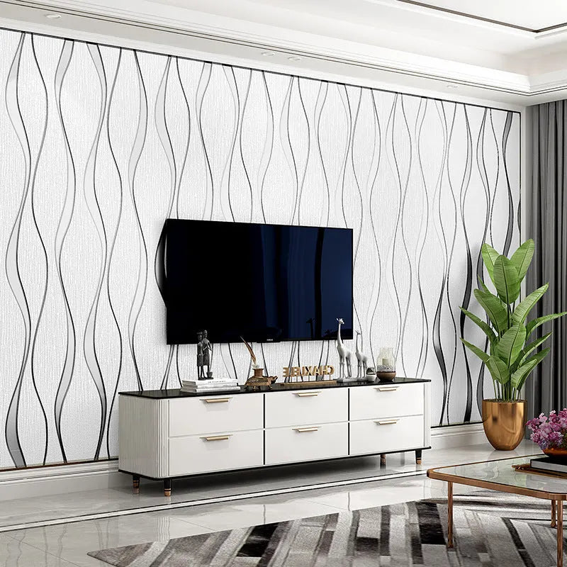 Close-up of dark brown curve stripe 3D textured wallpaper with deerskin velvet finish