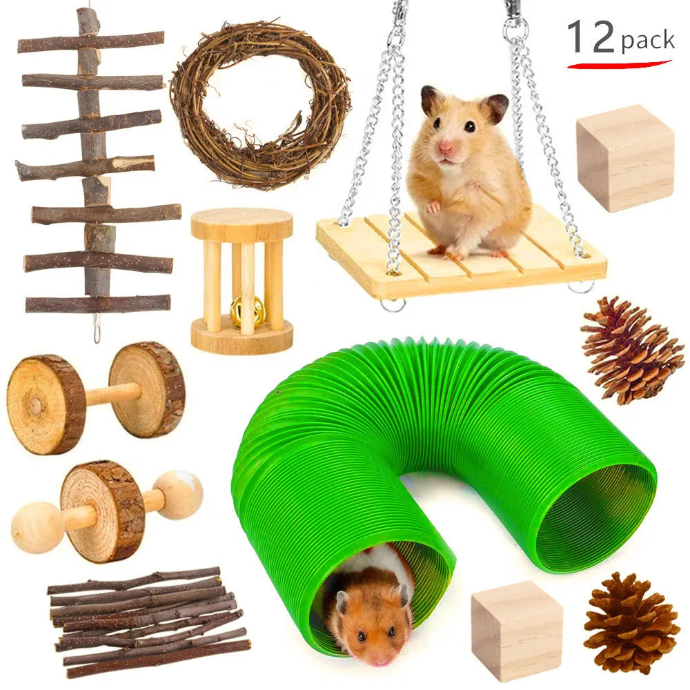 Wooden pet toy set with natural materials for rabbits, guinea pigs, and parrots