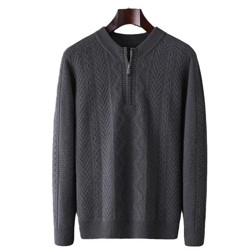 Men's loose-fit wool half-zip sweater with a diamond lattice pattern in light camel colour.