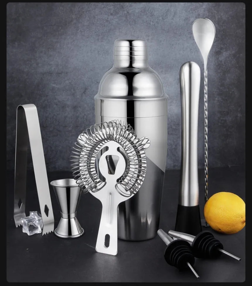 Silver 23-piece stainless steel and acrylic home cocktail set with bartender tools laid out.