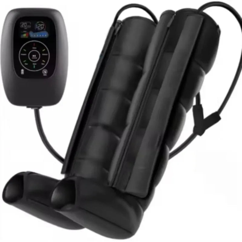 Air wave pressure massager unit with handheld remote control showing three leg size options