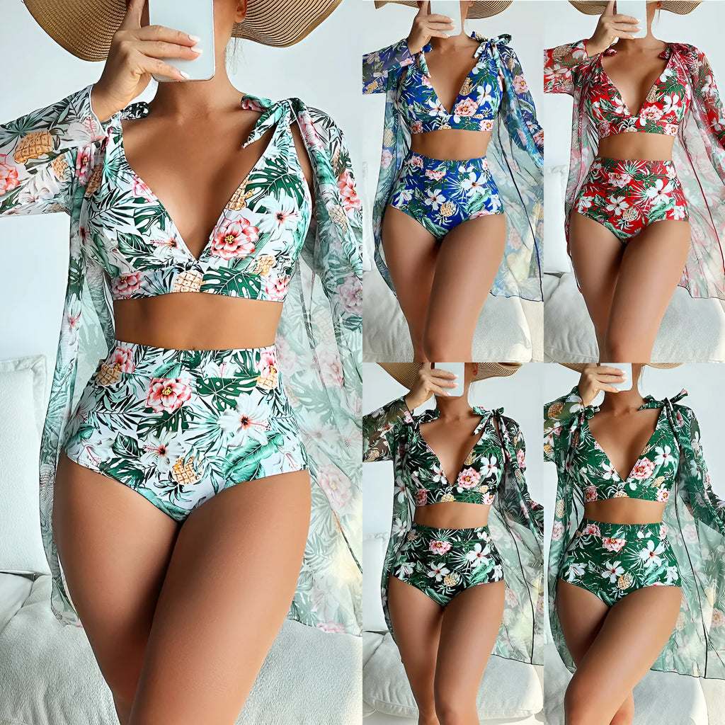 Women's multicolour printed bikini set with sun shirt, bra, and shorts on a neutral background