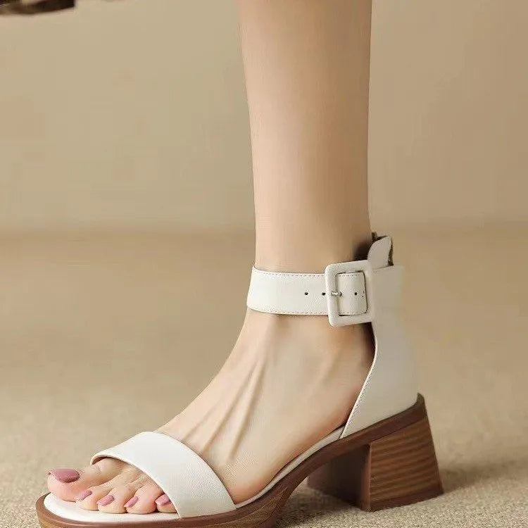 Retro women's platform high heels with ankle strap in white or khaki colour
