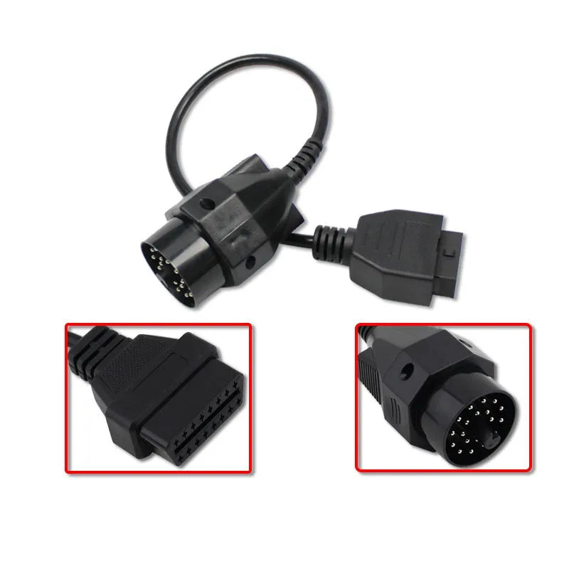 BMW OBD2 diagnostic adapter cable showing 20-pin and 16-pin OBD2 connectors