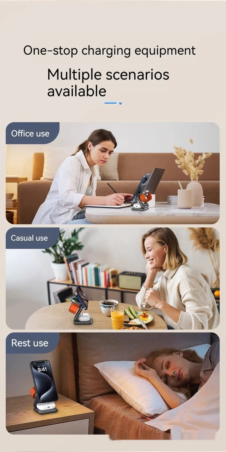 Foldable magnetic wireless charging phone holder in black on a desk