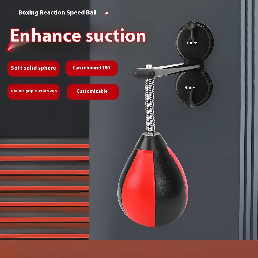 Inflatable hanging boxing reaction ball with pear-shaped tumbler vent and suction cup mounting system