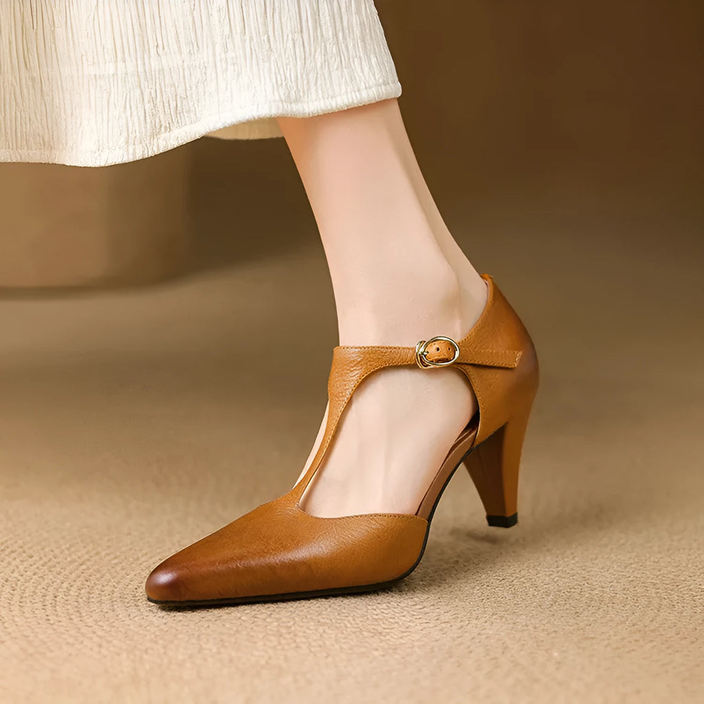 Women's brown retro T-strap closed-toe sandals with block heels and buckle fastening