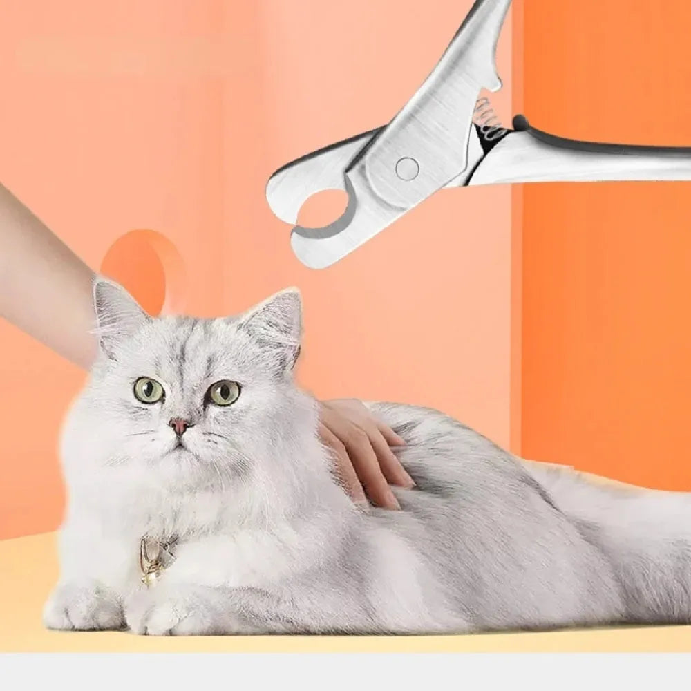 Silver stainless steel pet nail clipper with safety guard and ergonomic handles.