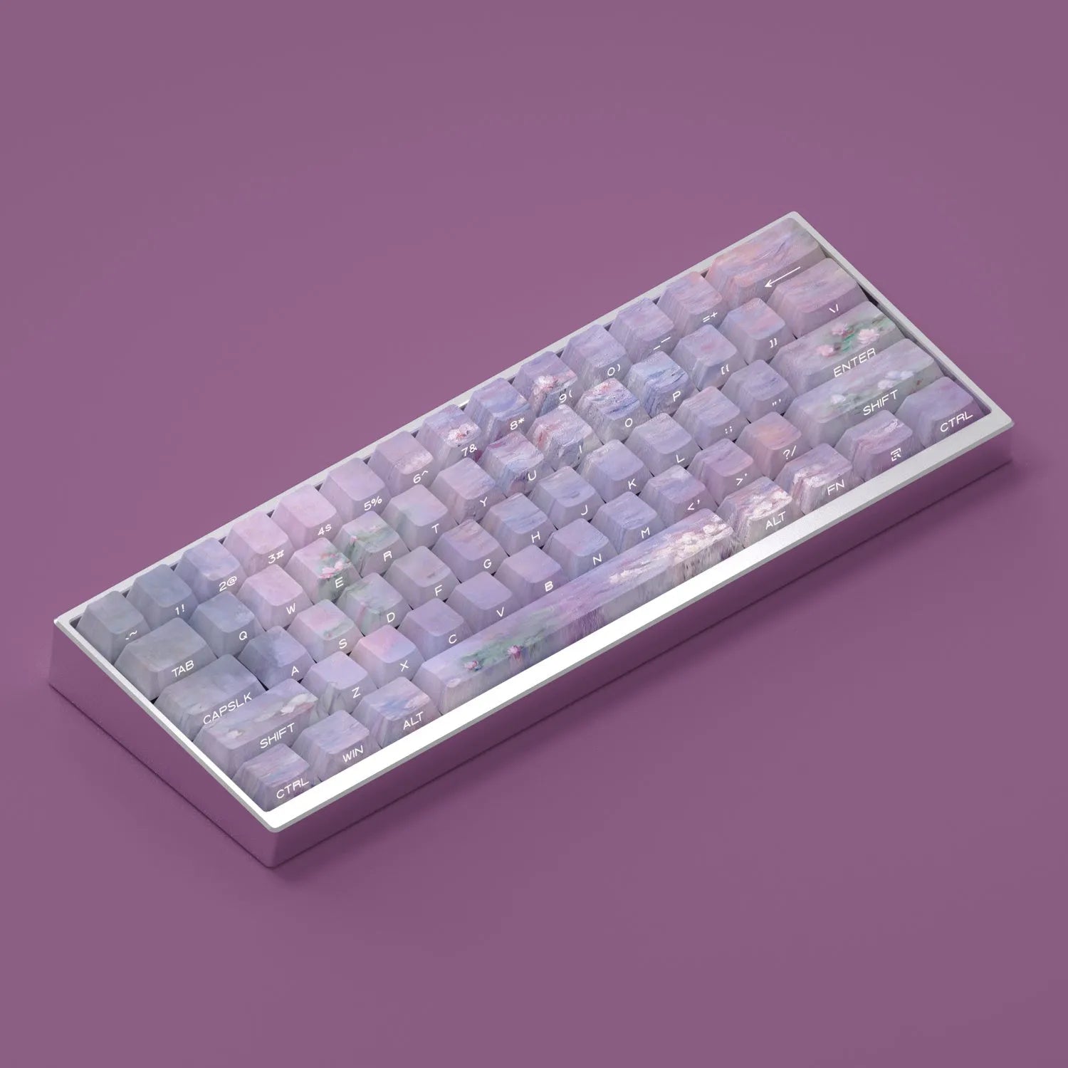 Wenshao Sleeping Lotus PBT keycap set with 130 keys, showing side-engraved legends and five-sided dye-sublimated artwork.
