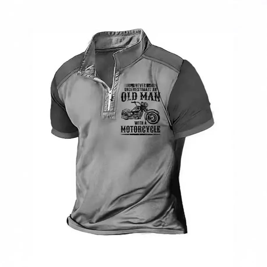 Men's casual polo shirt with lapel collar, digital letter printing, and zip decoration detail in short sleeve design