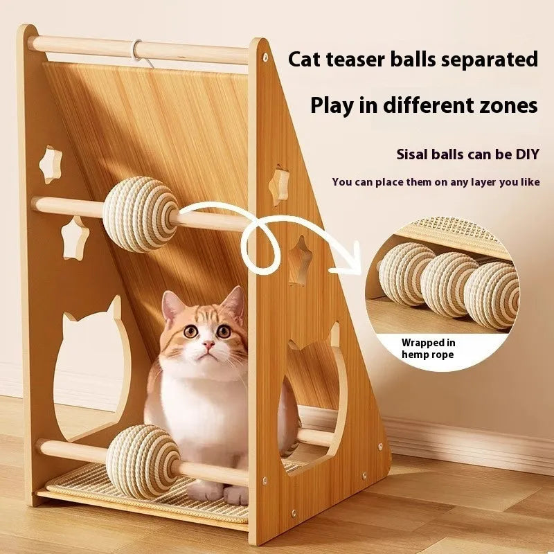 Vertical wall-mounted cat scratching board with sisal surface, hemp rope elements, and attached teasing ball