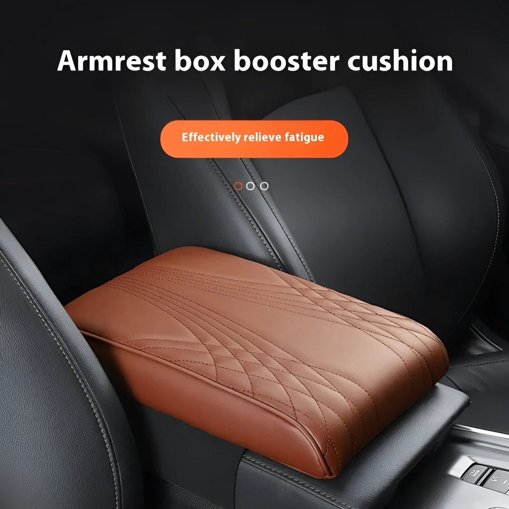 PU leather car armrest cover with heightening insole, black stripes, with pocket, on vehicle seat