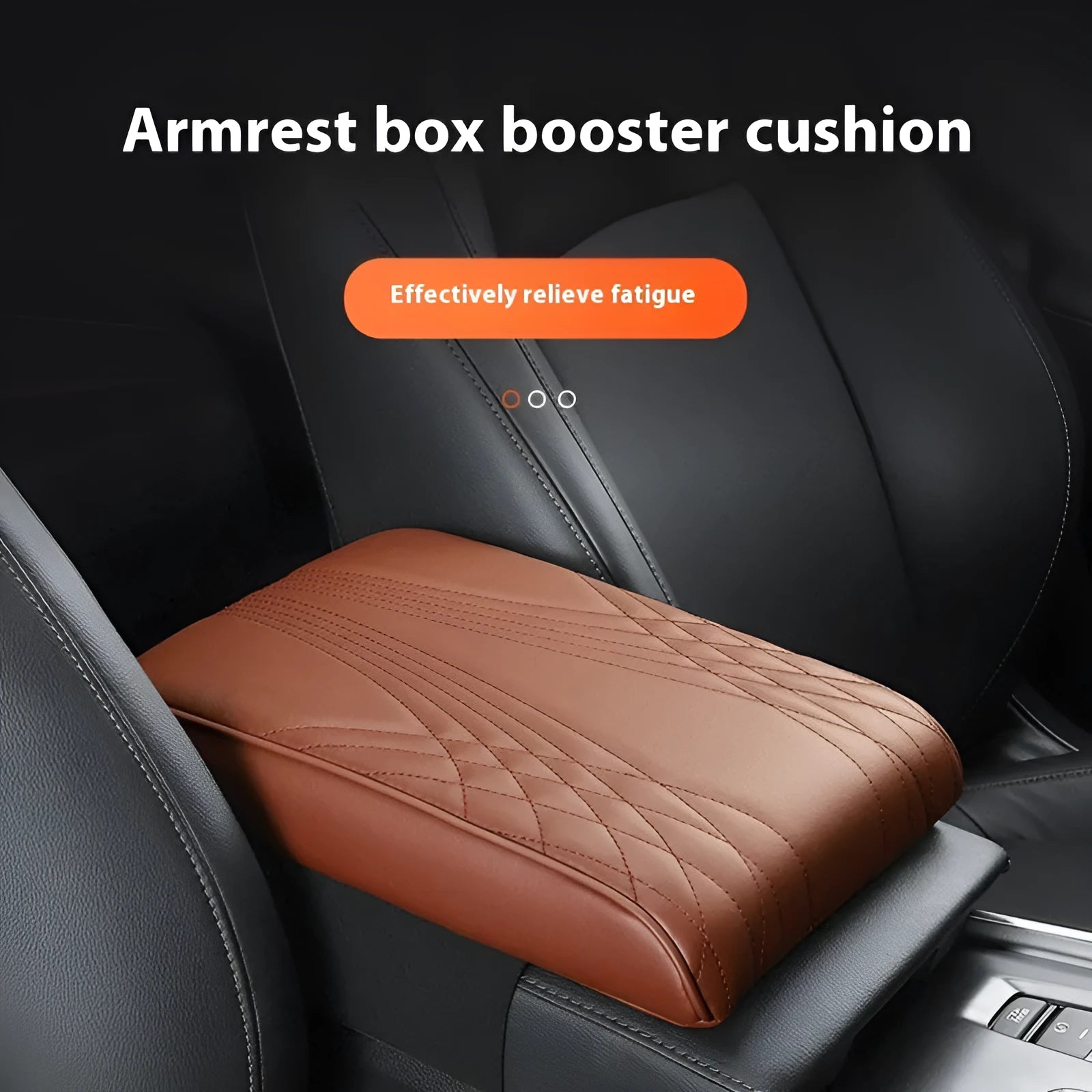 PU leather car armrest cover with heightening insole, black stripes, with pocket, on vehicle seat