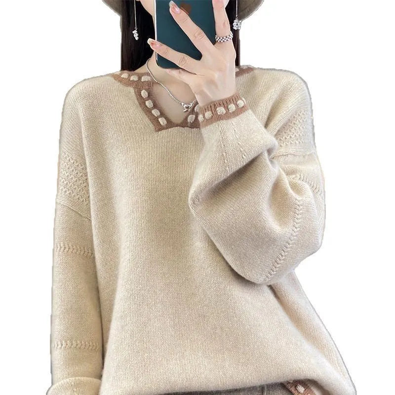 Women's V-neck viscose sweater in camel colour with regular sleeves