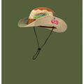 Army green cotton fisherman hat with patchwork detail and flat top crown on a neutral background.