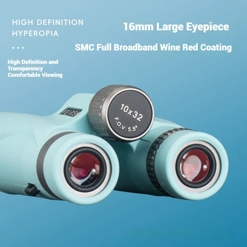 Blue and grey compact 10x32 binoculars with wine red film lenses on a plain background.