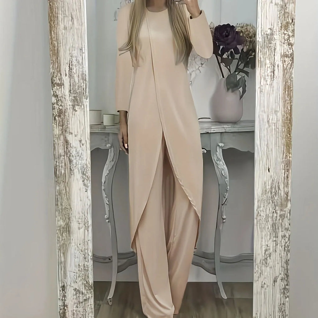 Casual long sleeve top and loose trousers two-piece lounge set in khaki colour
