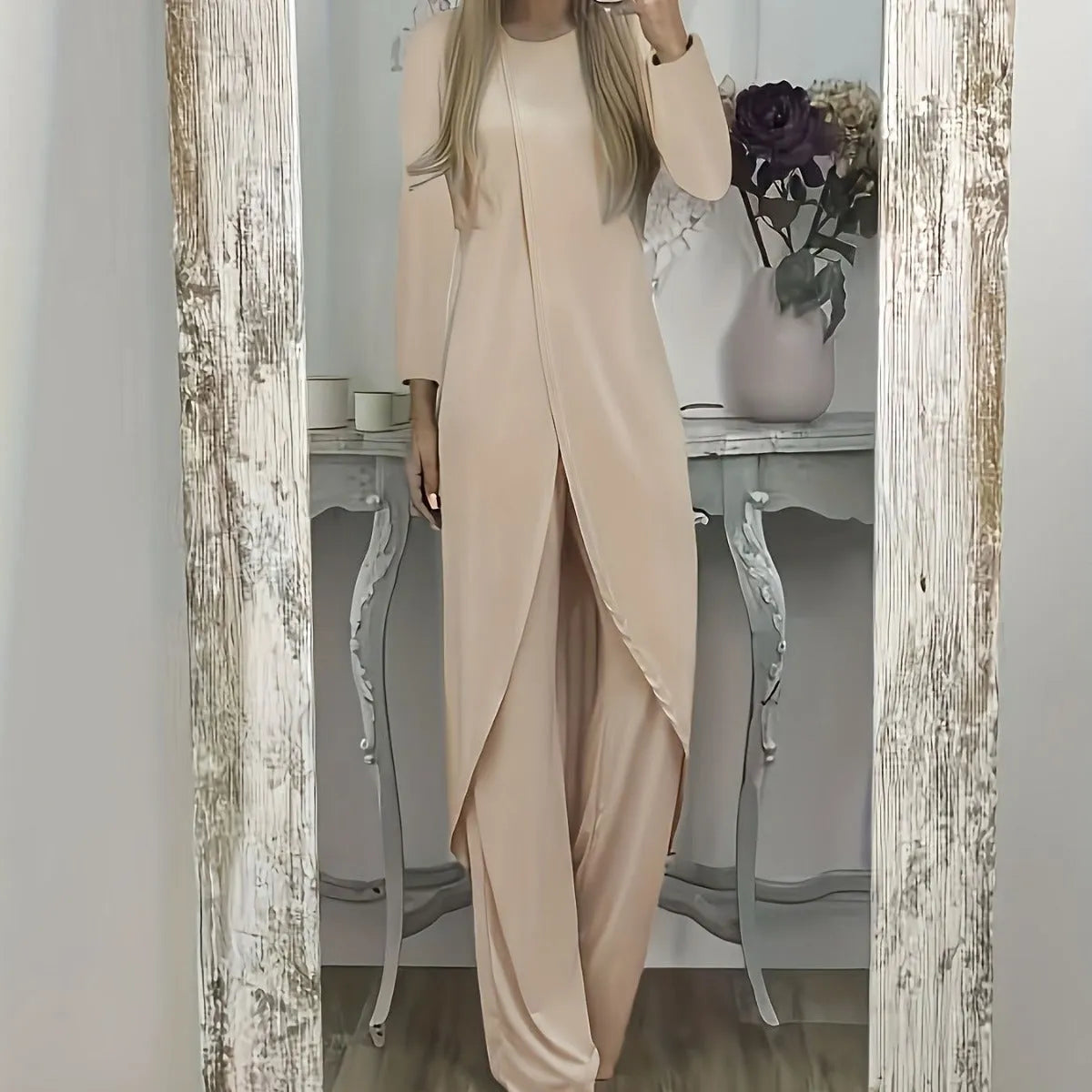 Casual long sleeve top and loose trousers two-piece lounge set in khaki colour