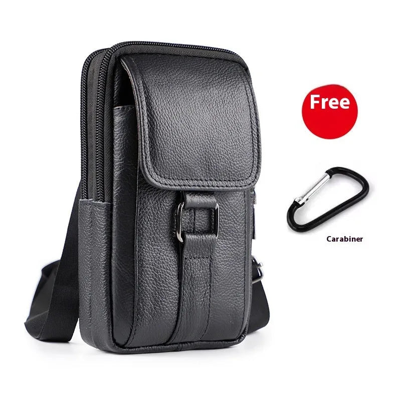 Men's genuine leather waist bag with metal lock in vertical square design