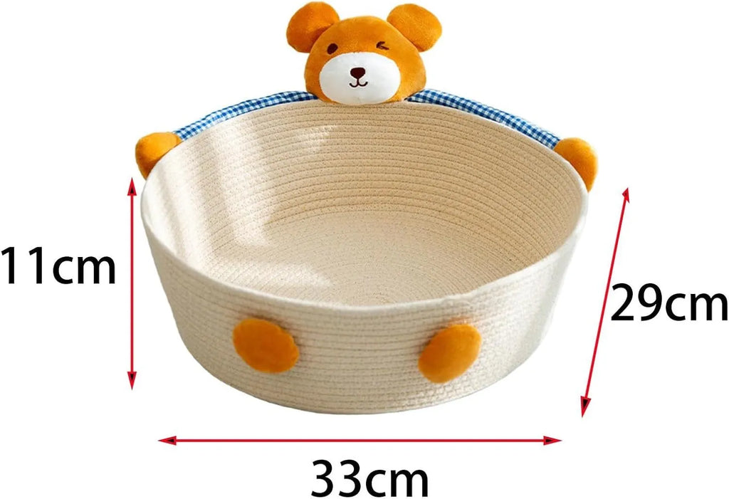 Woven cotton rope cat bed basket with integrated scratching pad in three size options