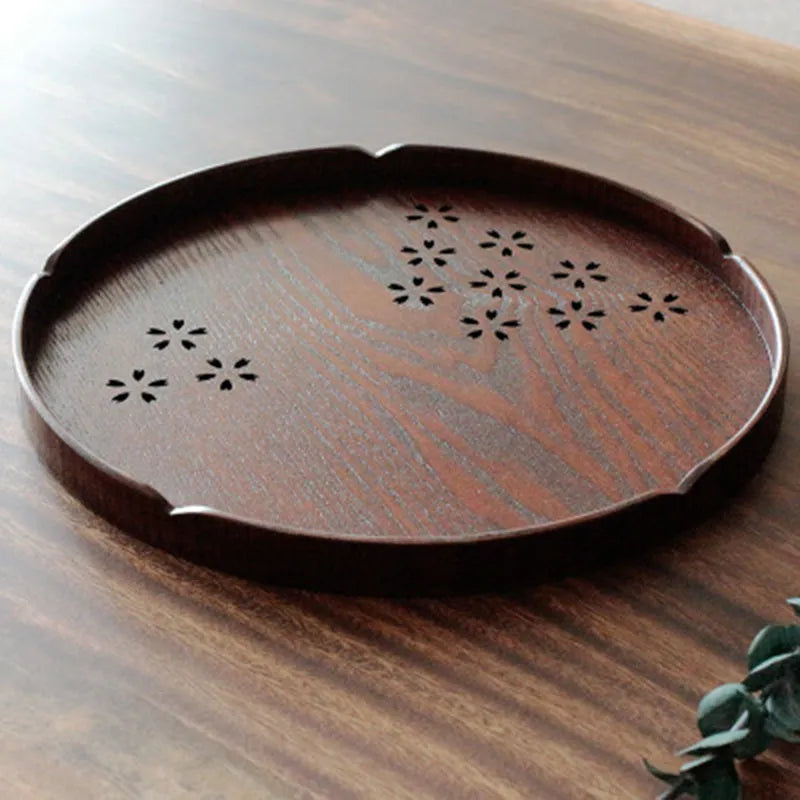 Wooden serving plate with hollow sakura pattern, 30cm diameter, shallow depth for dessert presentation