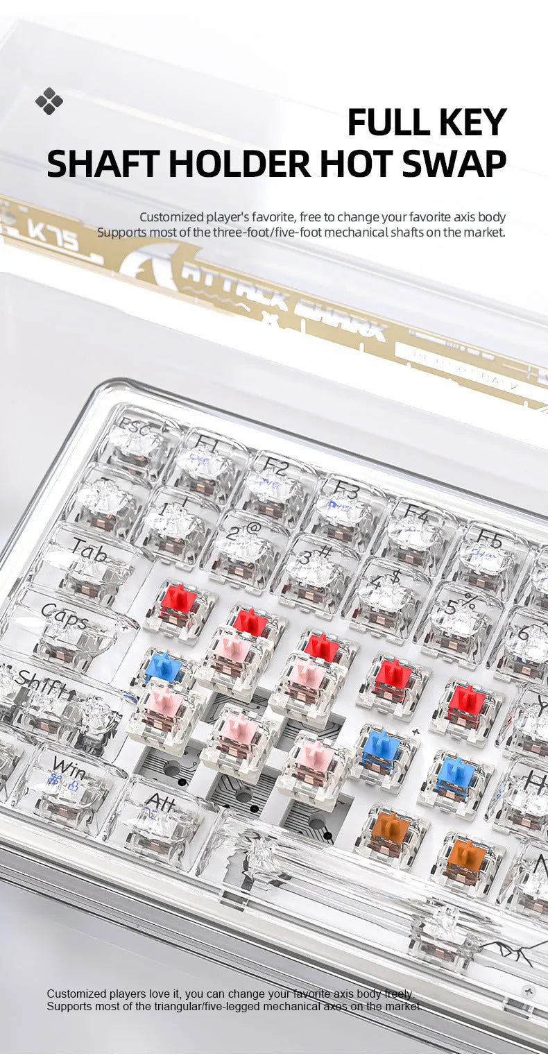 Attack Shark K75 wireless mechanical keyboard with transparent PC case in black or white, 75% compact layout with RGB lighting