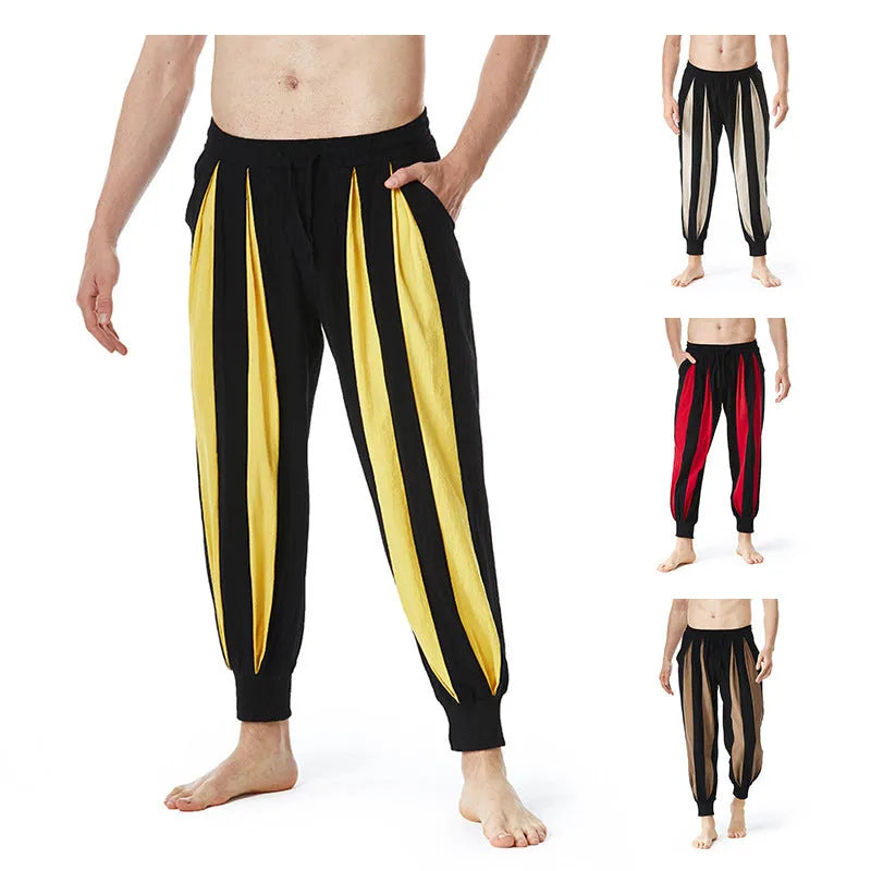 Man wearing straight-fit casual trousers in red, made from polyester, suitable for spring.