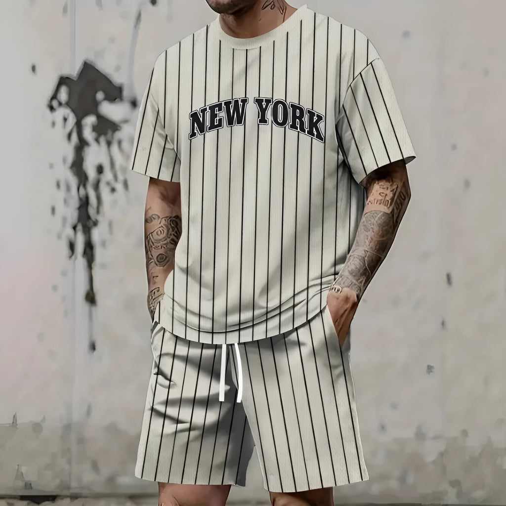 Men's 3D printed letter sportswear suit with short sleeve top and matching shorts in polyester fabric