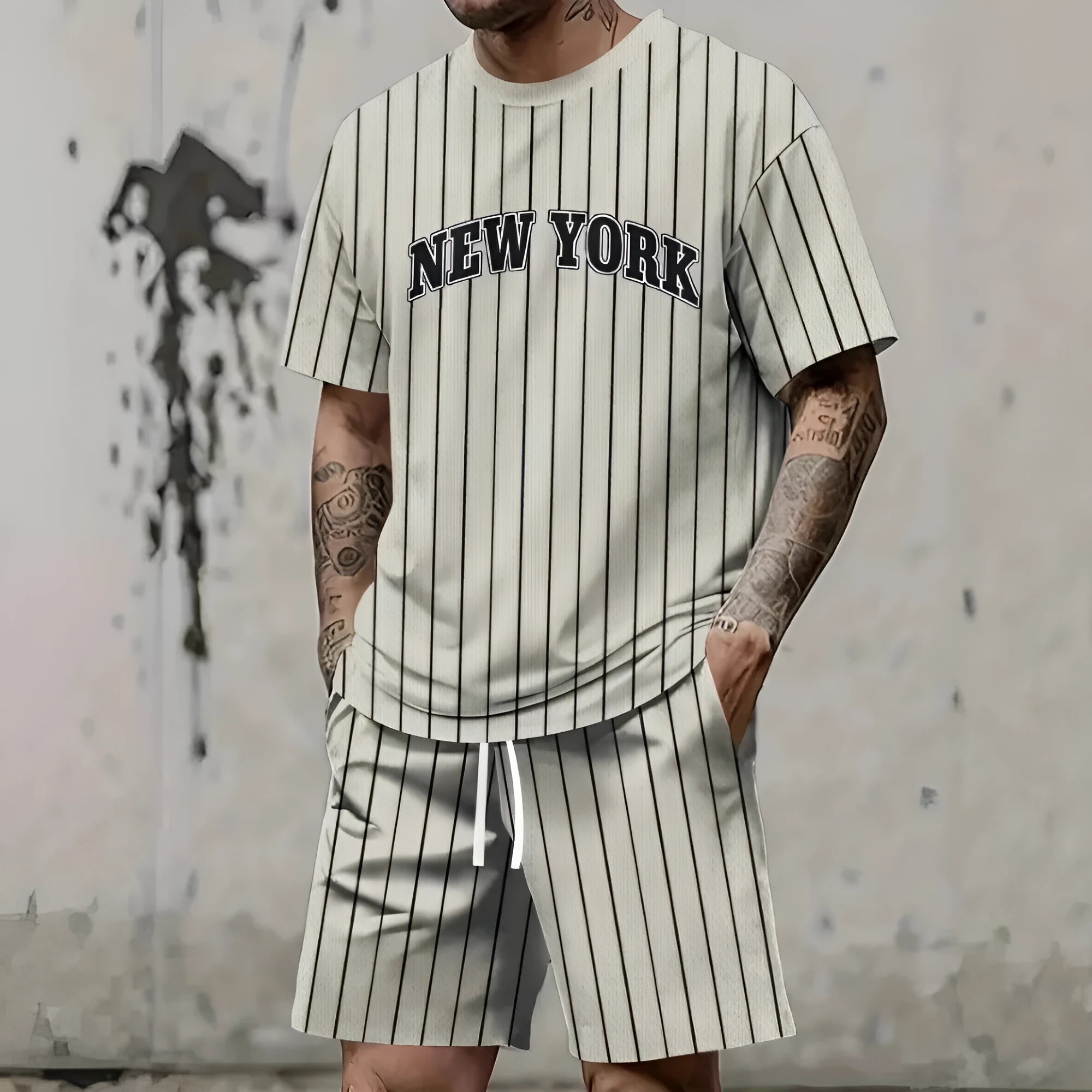 Men's 3D printed letter sportswear suit with short sleeve top and matching shorts in polyester fabric