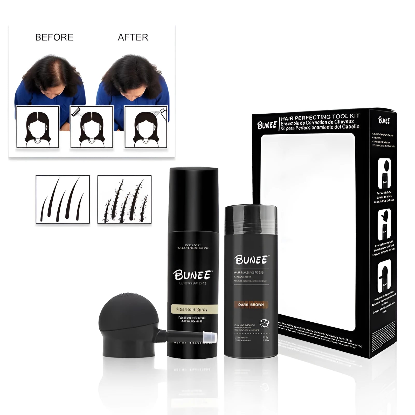 Dense hair fibre 275g three-piece kit including powder canister, special nozzle, and shaping spray bottle.