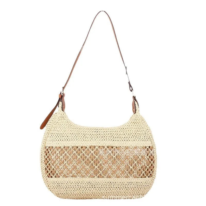 Women's straw cross body bag in khaki colour with sandwich pocket and horizontal square shape