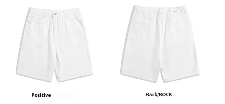 Men's straight-leg denim shorts in light blue, shown with a mid-rise waist and zip-fly closure
