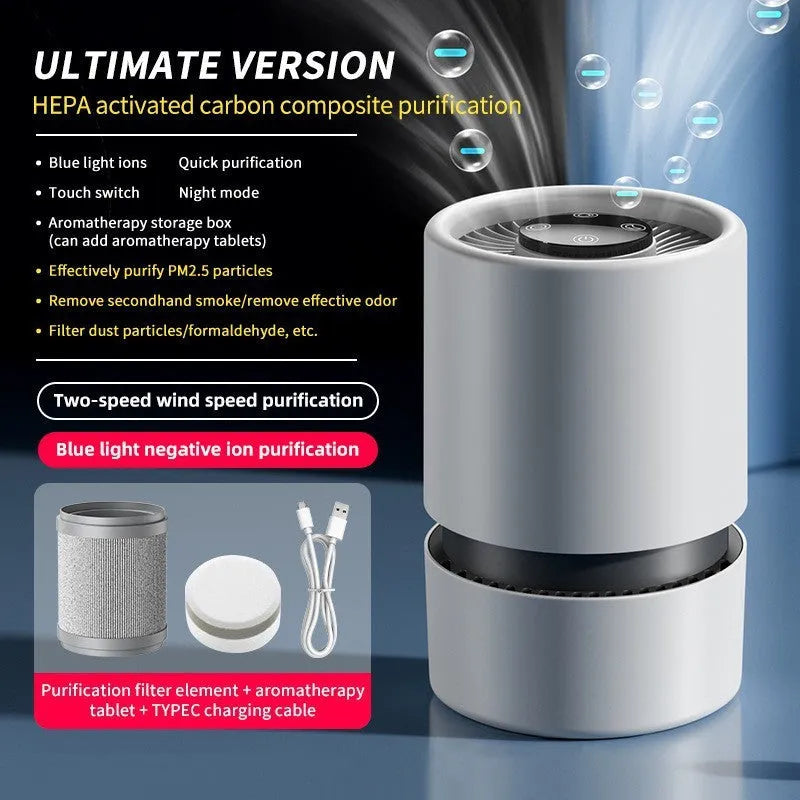 White desktop air purifier model EJ-JHQ101 with USB cable on a table.
