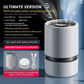 White desktop air purifier model EJ-JHQ101 with USB cable on a table.